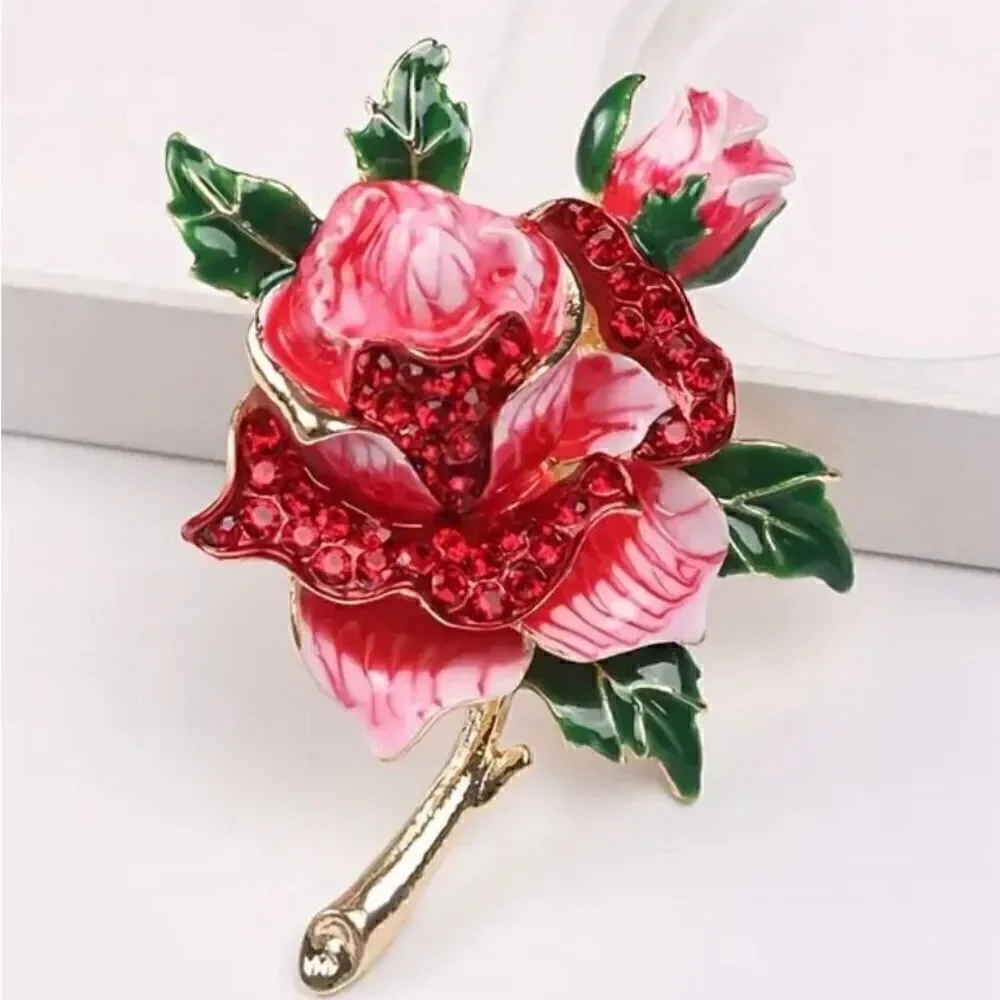 Crystal Rhinestone Rose Brooch Womens Large Enamel Fashion Floral Pin New